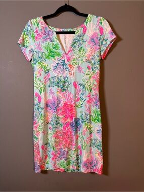 Lilly Pulitzer Mint Floral Short Sleeve Mini Dress in Pink & Green
